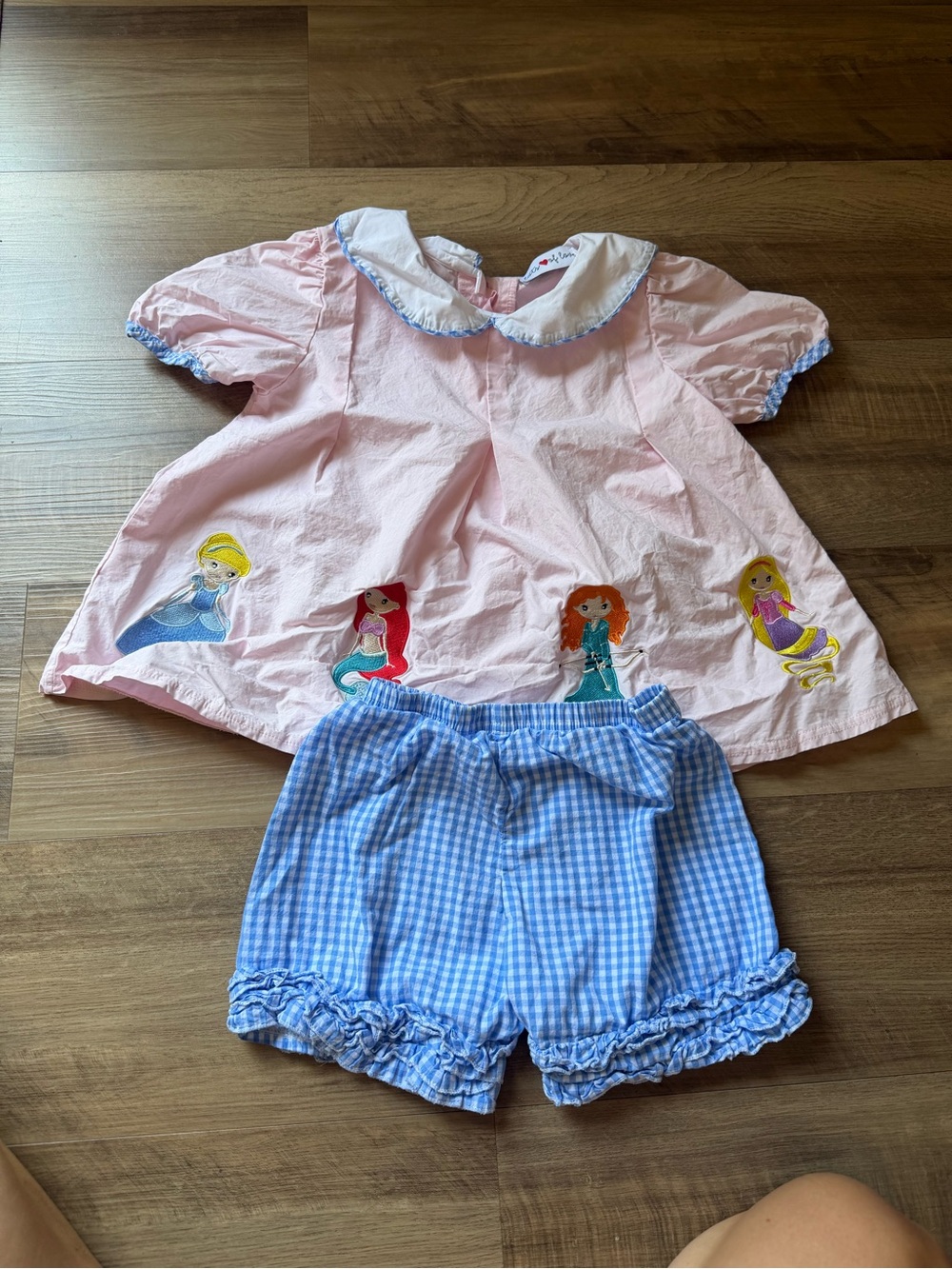 Pink Princess Appliqué Top and Blue Gingham Shorts Kids Matching Set